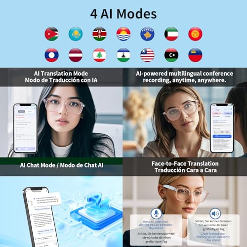 Image of Smart Glasses for Women, AI Translation Bluetooth Glasses, Real-Time Translator, Open Ear Blue Light Filtering Lenses, Supports 160+ Languages, Language Translator for Traveling Learning