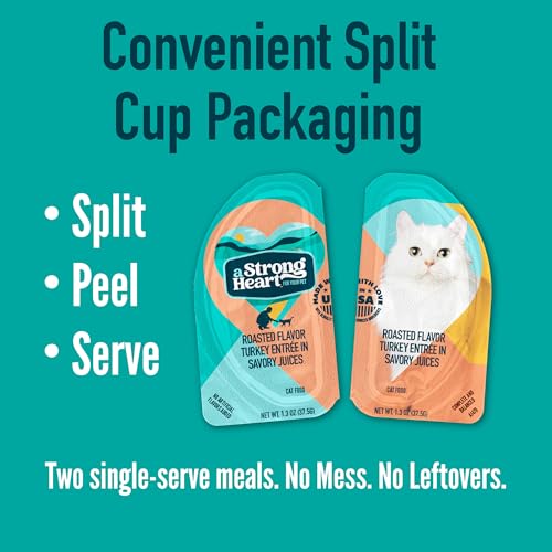 Image of A Strong Heart Split Cup Wet Cat Food, Roasted Turkey Entree - 2.6 oz Split Cups, 20 Servings (Pack of 10), Made in The USA with Real Turkey
