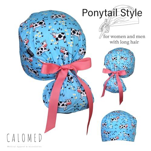 Image of Scrub Cap for Women and Men, Ponytail Scrub Caps, Working Hat, Head Cover with Ribbon Ties and Buttons, Long Hair