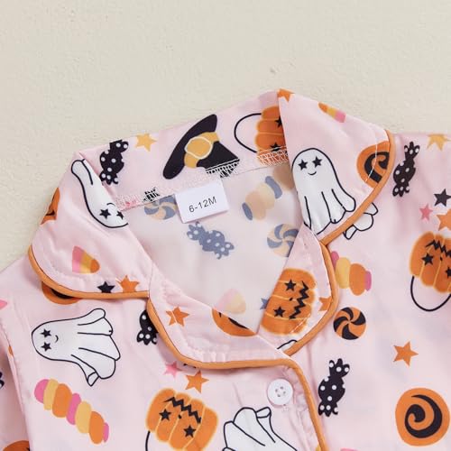 Baby Boy Girl Halloween Silk Pajamas Set Button Down Pumpkin Ghost Long Sleeve Shirts Tops and Pants Satin Pj Sets4