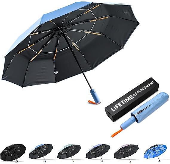 DryDay Travel Umbrellas for Rain - Large Windproof Double Canopy Umbrella, 10 Durable Ribs, Strong Frame, Auto Open Close Ergonomic Handle, Compact