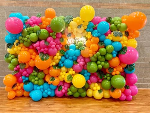 Image of 131pcs Summer Tropical Balloon Arch Garland Kit -Double Stuffed Hot Pink Orange Light Blue Balloon for Hawaiian Summer Beach Aloha Luau Birthday Baby Shower Party Decor