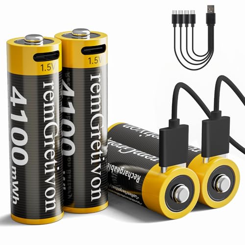 remGretivon 4100mWh USB-C Rechargeable AA Batteries 4-Pack
