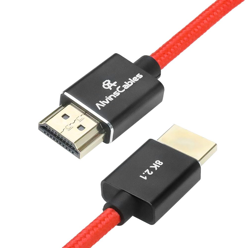 Alvin's Cables Left Angle Micro HDMI to HDMI Cable 8K@60Hz 4K@120Hz, Braided Coiled HDMI 2.1 for Sony A7RIII/A7II/A7M3, Canon R5/M6, Fujifilm X-T4/X-T3, GoPro, Nikon - Red Ultra Durable