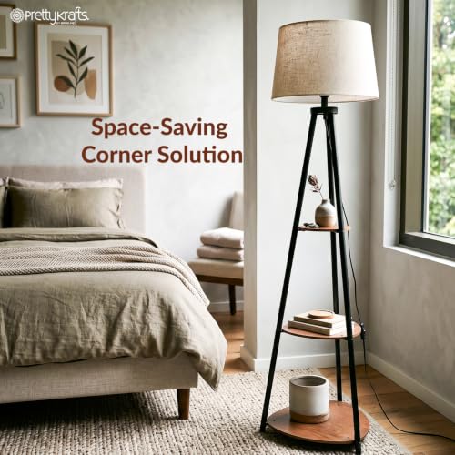 Image of PrettyKrafts Floor Lamp with 3- Tier Wooden Shelves | Modern Standing Lamp for Living Room, Bedroom & Study Room | Decorative Corner Floor Light with Storage Shelf | 140 cm (Bulb Not Included)
