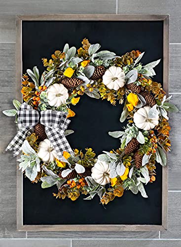 Wanna-Cul 24 Inch Farmhouse Fall Wreath Decor For Front Door With White Pumpkin,Cotton,Lamb's Ear And Eucalyptus Leaves,Harvest Door Wreath For Autumn Or Thanksgiving Decorations #TOP1