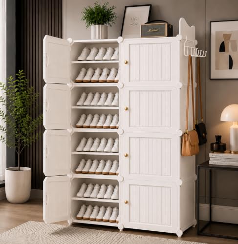 Image of Plastic Shoe Rack for Home with Door | 16-Shelf DIY Shoe Cabinet Organiser | Stores 32 Pairs | Foldable & Waterproof Shoe Stand for Entryway, Bedroom (White, 16-Layer)