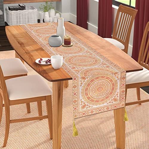 Image of Diwali Decor Brocade Jacquard Silk Table Runner Long Runner for Dinning & Centre Table Mandala Print 72 x 16 Inches (White)