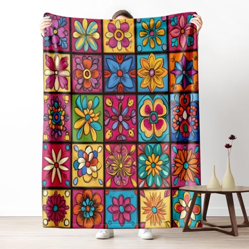 Sshjfeu Couverture Fleurs Motif Floral, Petit Plaid Géométrique Carré Patchwork, Couverture 70x100 1 Personne, Plaid Polaire Flanelle Douce et Chaude, pour Jeté de Canapé et Lit, Enfant