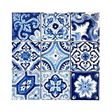 DYARI Set of 9 Decorative Ceramic Tiles – Hand Painted Indoor & Outdoor – Artisan Top Kitchen – Mediterranean Decorative 4x4 / One Tile Durable Colorful (Blue, 9 Tiles (1 Sq Ft))