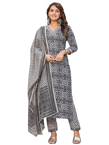 Image of GoSriKi Women's Cotton Blend Straight Printed Kurta with Pant & Dupatta