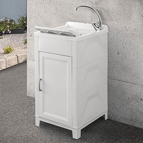 Mobile lavatoio lavanderia 45x50, ideale per esterno e interno, resina PVC bianco in kit di montaggio, INCLUDE asse e kit di scarico (45x50)