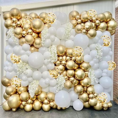 Image of Golden Chrome White & Gold Confetti Balloon Garland Arch Kit 63 Pcs for Birthday Decoration Anniversary Engagement Wedding Baby Shower || AR Giftzadda