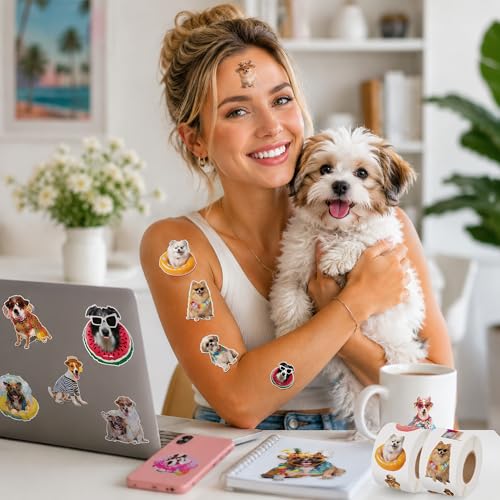 Image of Summer Realistic Dog Sticker - 2 Rolls Waterproof Vinyl Self Adhesive Puppy Animal Decals for Laptop Water Bottle Scrapbook Suitcase Gift Wrap Classroom Reward School Office DIY Craft Project