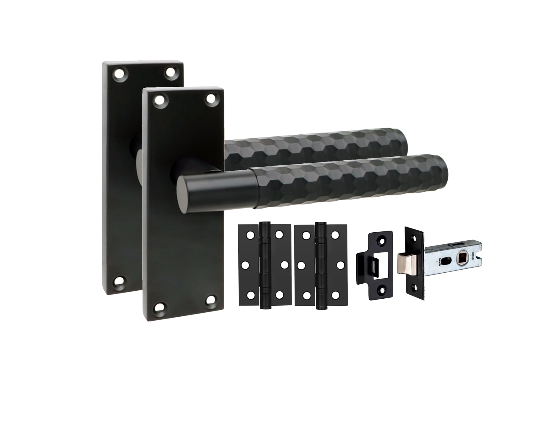 Golden Grace Matt Black 1 Pair Victorian Knurled Hex Cut Internal Door Handle Sets 120 X 40Mm With 2.5" Latch & Hinges