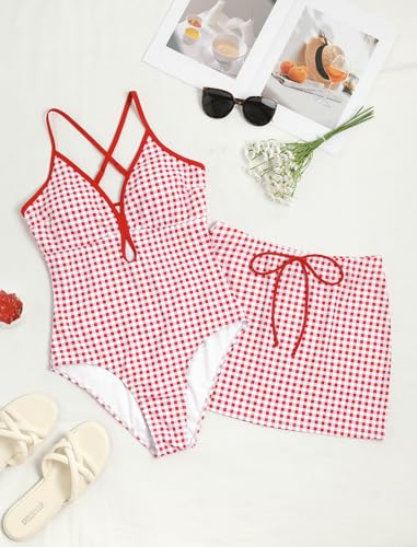 Image of ZAFUL Women's One Piece Swimsuit with Skirt V Neck Colorblock Bathing Suit | Front Cut Out Swimsuit Criss Cross One Piece Bathing Suit