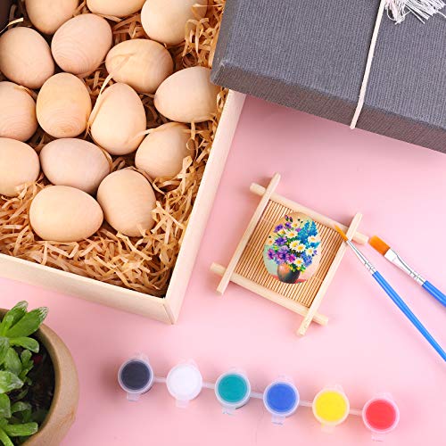 ADXCO 30 Pieces Unfinished Wooden Eggs Wooden Fake Unpainted Eggs Mini Easter Craft Eggs with Brushes and Paints for Easter DIY Tool