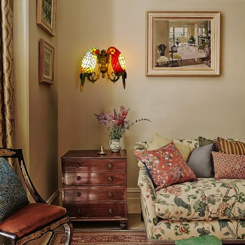 Image of 2-Light Double Parrot Tiffany Wall Sconce Stained Glass with Bulbs | Handmade double parrot stained glass Tiffany wall sconce, 2 lights, vintage decor, includes LED bulbs for bedroom hallway