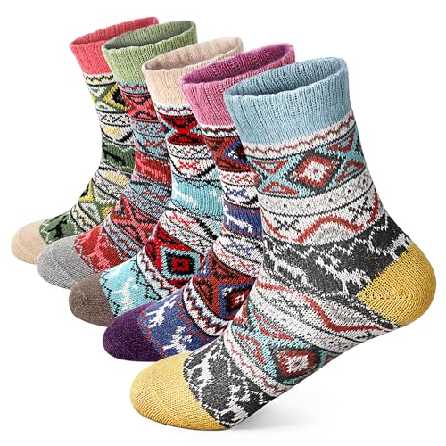 5 Pack Women Wool Socks, Winter Warm Cabin, Thick Cozy Soft Crew Socks, Stocking Stuffers Gifts for Women Men
