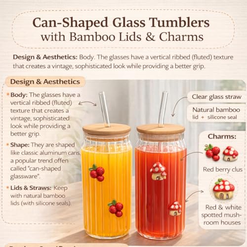Image of Ribbed Glass Tumbler with Bamboo Lid & Straw (400ml Each) | Cute Charms Aesthetic Can-Shaped Borosilicate Glass Sipper for Juice, Iced Coffee & Cold Drinks
