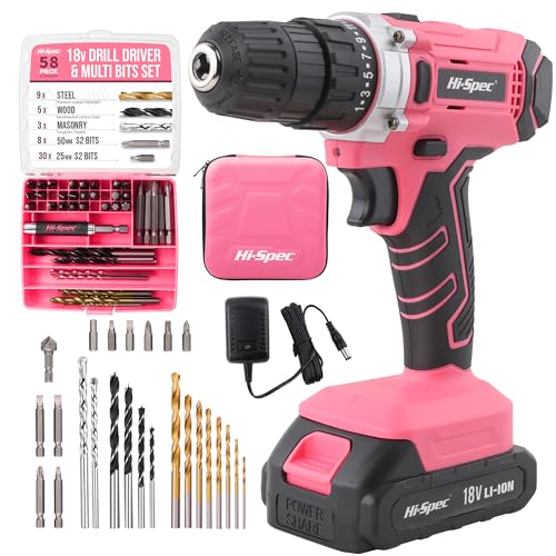 Hi-Spec Pinke Bohrmaschine, Akkuschrauber in Pink für Frauen, mit Bohrerbits für Metall, Holz und Mauerwerk. 18V Akkubohrer mit 58tlg Bitset für jede Bohrarbeit.