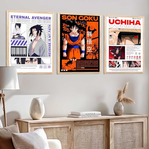 Image of walllane Japanese Characters Posters with Frame | Aesthetic Anime Posters with Frames | Japanese Art Framed Poster for Bedroom Living Room Gaming Room Wall Decor Set Of 3 (10 X 13 inch)