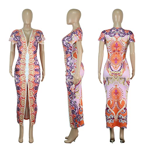 Image of Womens Sexy Cap Sleeeve Deep V Neck Ruffles Printed Bodycon Split Party Clubwear Dress