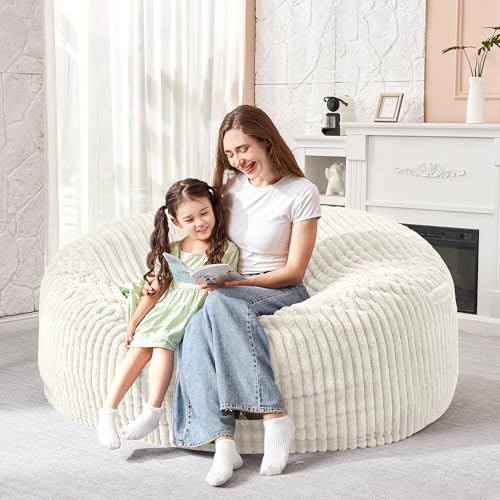 Image of HABUTWAY 3FT Bean Bag Chair, 3' Large Bean Bag Chairs for Adults with Stripe Plush Cover, Memory Foam Beanbag Chair for Living Room Bedroom Dorm,White