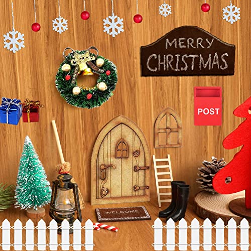 Aniepaa Gnome Door Christmas, Gnome Door Nissedor with Accessories, Christmas Gnome Door Set, Gnome Door Christmas Tree Wreath Wooden Ladder Gnome Broom Rubber Boots Carpet Miniature Garden Furniture (16 Pieces) - Image 5