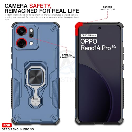 Image of AESTMO Armor Back Cover for Oppo Reno 14 Pro 5G | Ring Holder & Kickstand & Camera Protection in-Built | 360 Degree Protection Back Case Cover (Blue)