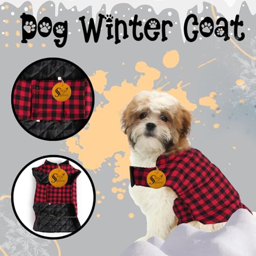 Image of Sage Square Winter Coloured Dog Coat - All-Weather Protection, Windproof, Waterproof Cozy Fleece Lining, Adjustable Straps, Durable Construction, Stylish, Comfortable, Jacket (Red & Black, Small)