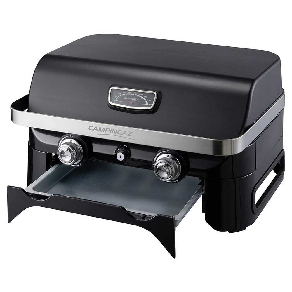 CAMPINGAZ Attitude 2100 LX Barbacoa de gas, barbacoa de mesa portátil con 2 quemadores de acero, 5 kW de potencia, para camping con tapa, termómetro y parrilla de hierro fundido, 2000038741