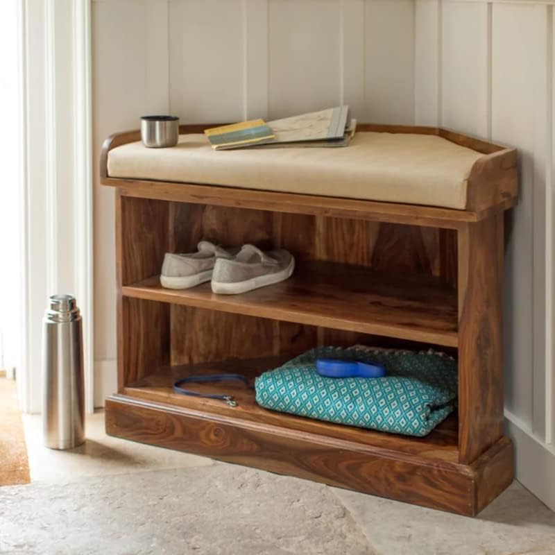 Image of Corner Display Shelf Storage | Wooden Storage Rack & Display Organizer | Solid Sheesham Wood Open Shelf for Living Room, Bedroom, Home & Office (Natural Wood, Shoe Rack)