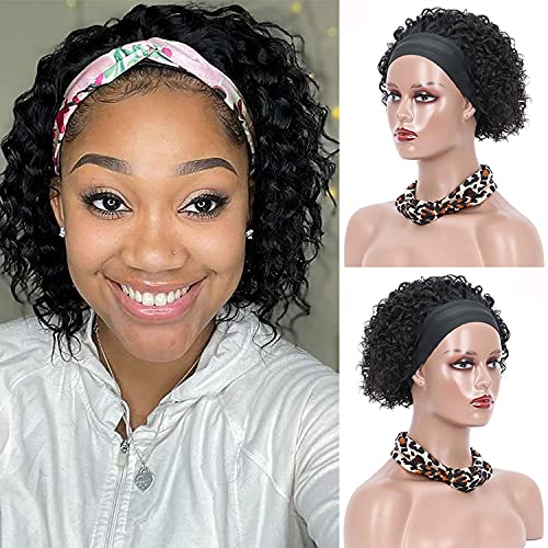 SonwHair Headband Wigs Human Hair for Black Women Brazilian kinky Curly Headband Wigs None Lace Front Wigs Curly Headband Wig Natural Color 150% Density 12 Inch