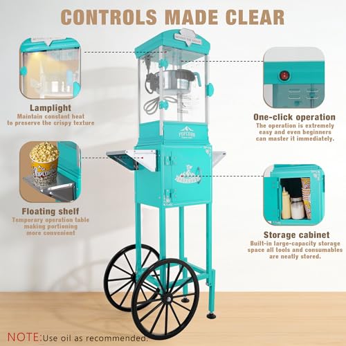 Image of 10oz Popcorn Machine with Cart - Vintage Movie Theater Style Maker - Shatterproof Acrylic and Storage Cabinet for Home Parties, Concessions - Turquoise