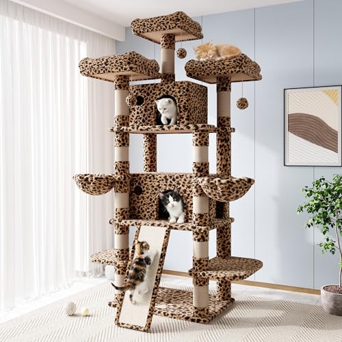 Image of Allewie 82 Inches Large Cat Tree /House /XXL Tall Cat Towers for Big Feline /Scratching Post /Multi-Level Large Kitty Climbing Tree with Condo /Leopard Print