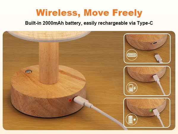 Rechargeable Cordless Table Lamp,Touch Control&Stepless Dimming,Wireless Bedside Ambient Night Light with Wood Base&Linen Shade,Portable Battery Lamp for Bedroom,Nightstand,Nursery,Camping,Outdoor by SEENSINY - Image 6