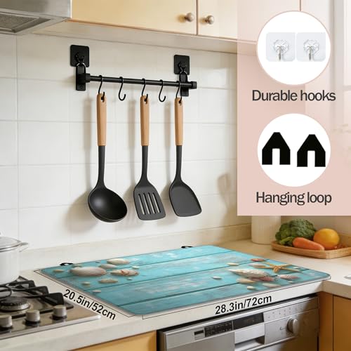 Image of Multi-Design Silicone Stove Cover for Glass /Electric Stoves - 3-in-1 Heat-Resistant Protector Mat, Non-Slip Drying Rack (Summer Wooden Starfish Seashells, 28 inch L x 20 inch W)
