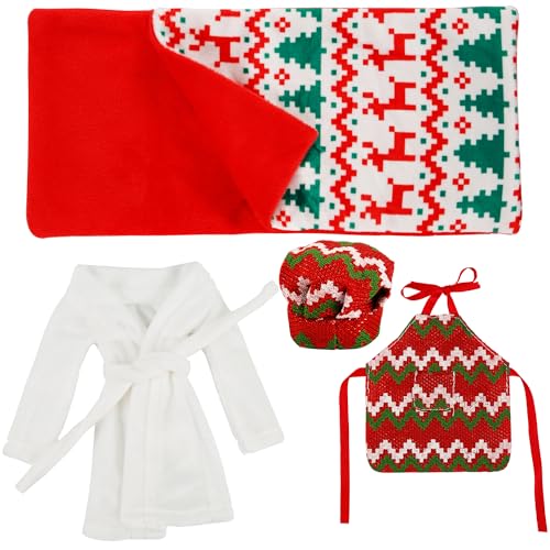Juego de 4 Accesorios Muñeco Elfos Navided, Que Incluyen Albornoz para Muñecas de Elfos Gorro de Chef Delantal Saco de Dormir Decoraciones Navideñas para Casas de Muñecas