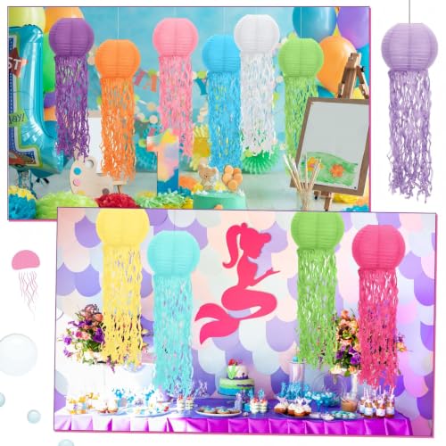 Image of Retisee Set of 24 Multicolor Jellyfish Paper Lanterns Mermaid Sea Ocean Birthday Party Decorations Hanging Jelly Fish Decoration for Classroom Birthday Party, 12 Colors