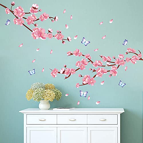 Supzone Cherry Blossom Wall Sticker Japanese Sakura Wall Decal Pink Flower Branch And Butterfly Wall Decor Diy Vinyl Mural Art For Bedroom Living Room Office Sofa Tv Backdrop Wall Decoration #TOP3