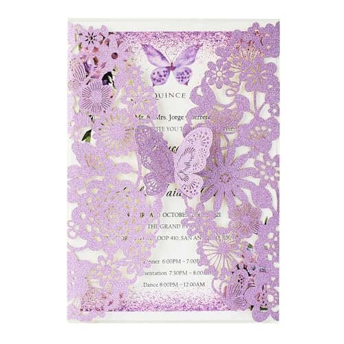 Hosmsua 50PCS Purple Butterfly Quinceanera Invitation Card Kit 5.1x7.3'' Laser Cut Flora Butterfly Invitation Pocket with Envelopes for Bridal Shower XV Anos Wedding Invitation (Purple Glitter)