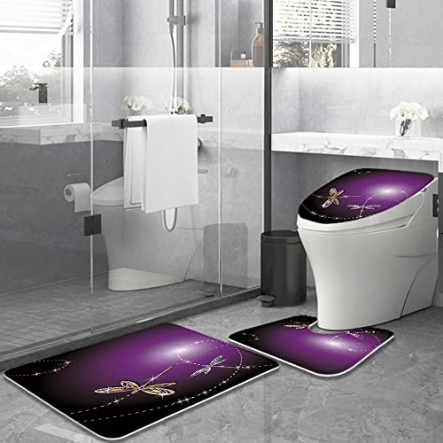 Gold und Silber Elegante Libelle Badezimmer Teppiche und Matten Sets 3 Stück Memory Foam Badvorleger U-Form Kontur Duschmatte rutschfest Saugfähig Samt Toilettendeckelbezug – Bild 3