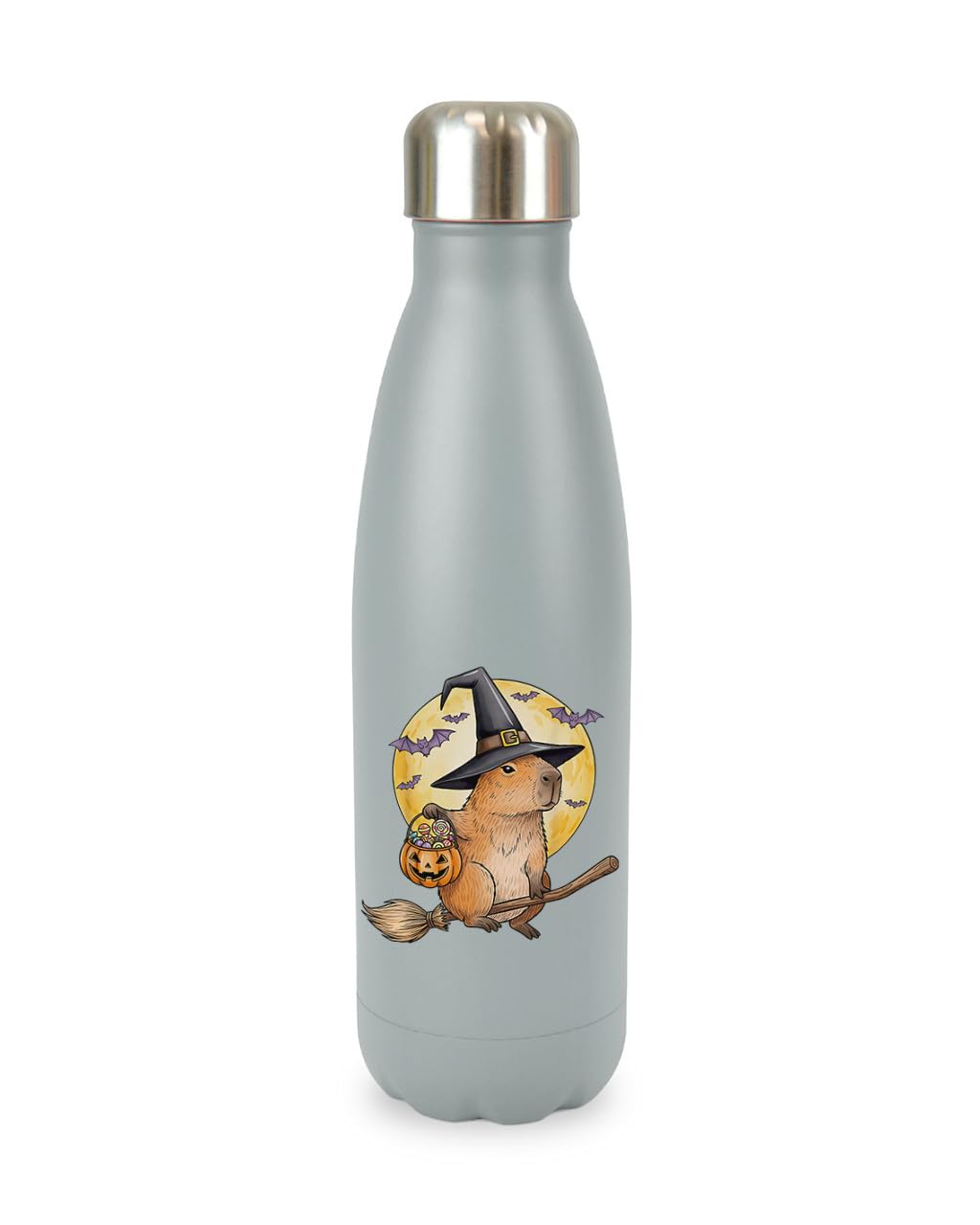 Capybara witch broom halloween cat autumn silly weird animal humerous spooky, iconic trendy cool screw top lid stainless steel water bottle drinks cup water bottle refill cute fun explore travel