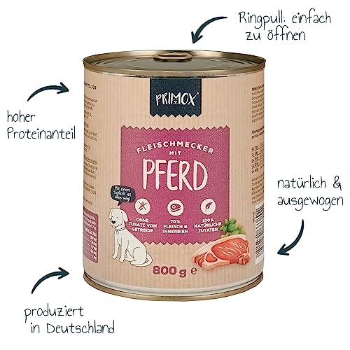 PRIMOX® Fleischmecker Hunde-Nassfutter | Getreidefrei | 70% Fleisch & Innereien | Made in Germany & 100% Natürlich | Omega-3 für Haut & Fell | Gluten- & Laktosefrei (Pferd, 6x800 g)