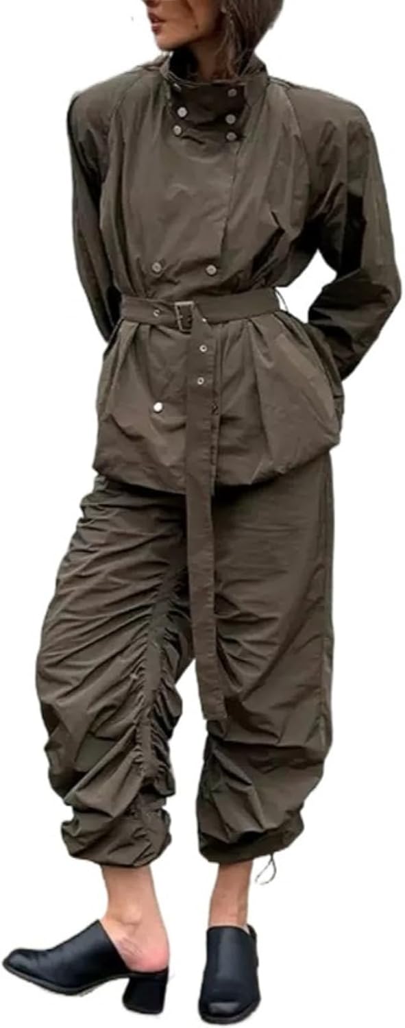 Women Vintage Stand Collar Belt Jacket Loose Long Sleeve Button Solid Street Lace Up Coats