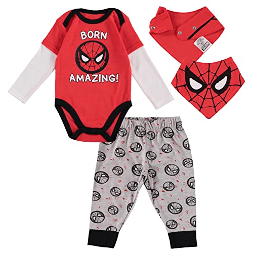 Spiderman Baby Boys Clothing 3-Piece Set with Bodysuit, Pants, and Bib - Marvel Avengers Baby Boy Outfit
