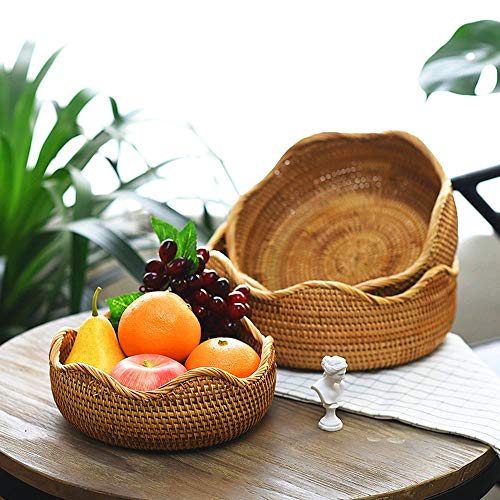 Amololo Handmade Rattan Round Fruit Basket Food Storage Bowls Kitchen Organizer Snack Serving Bowl Wavy Edge Circle Tray Basket, Boho Home Décor Display Tray For Coffee Table, Dining Room (Small 8.7") #TOP3