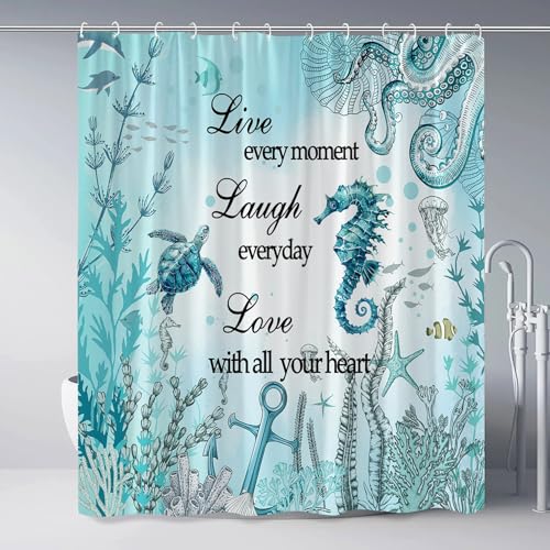 Seahorse Sea Turtle Shower Curtain Funny Marine Life Green Animals Inspirational Motivational Quote Word Nautical Coastal Ocean Beach Seaweed Summer Cute Bathroom Decor Set with Hooks 70Wx70H Inch