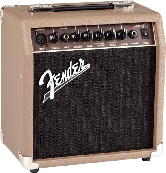 Fender Acoustasonic 15, Amplificador Combo para Guitarra Acústica, 15W, Color Marrón, Entrada Doble (Micrófono + Guitarra), Óptimo para Cantautores